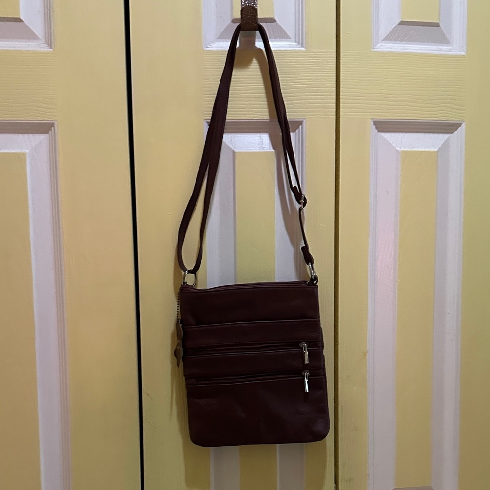 Brown Genuine Leather Crossbody Bag with Zipper Pockets
